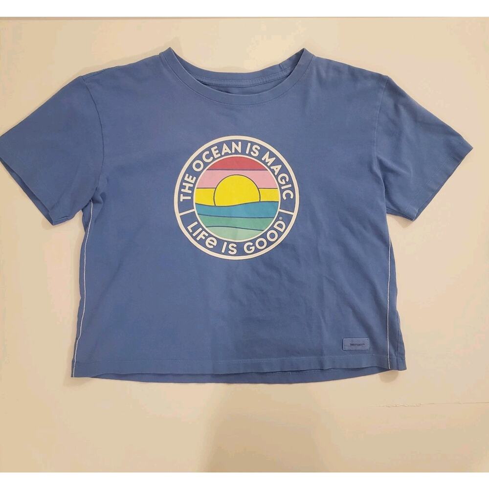 Life Is Good Small Cropped OCEAN IS MAGIC Crusher Shirt Relaxed Boxy Tee Blue